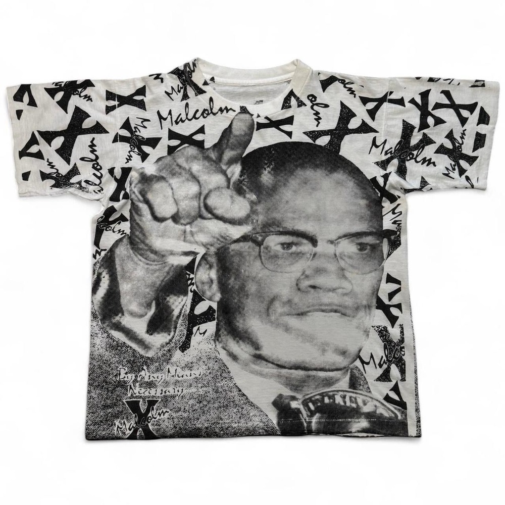 Vintage 90s Malcolm X AOP By Any Means Black History Art Single Stitch T-shirt